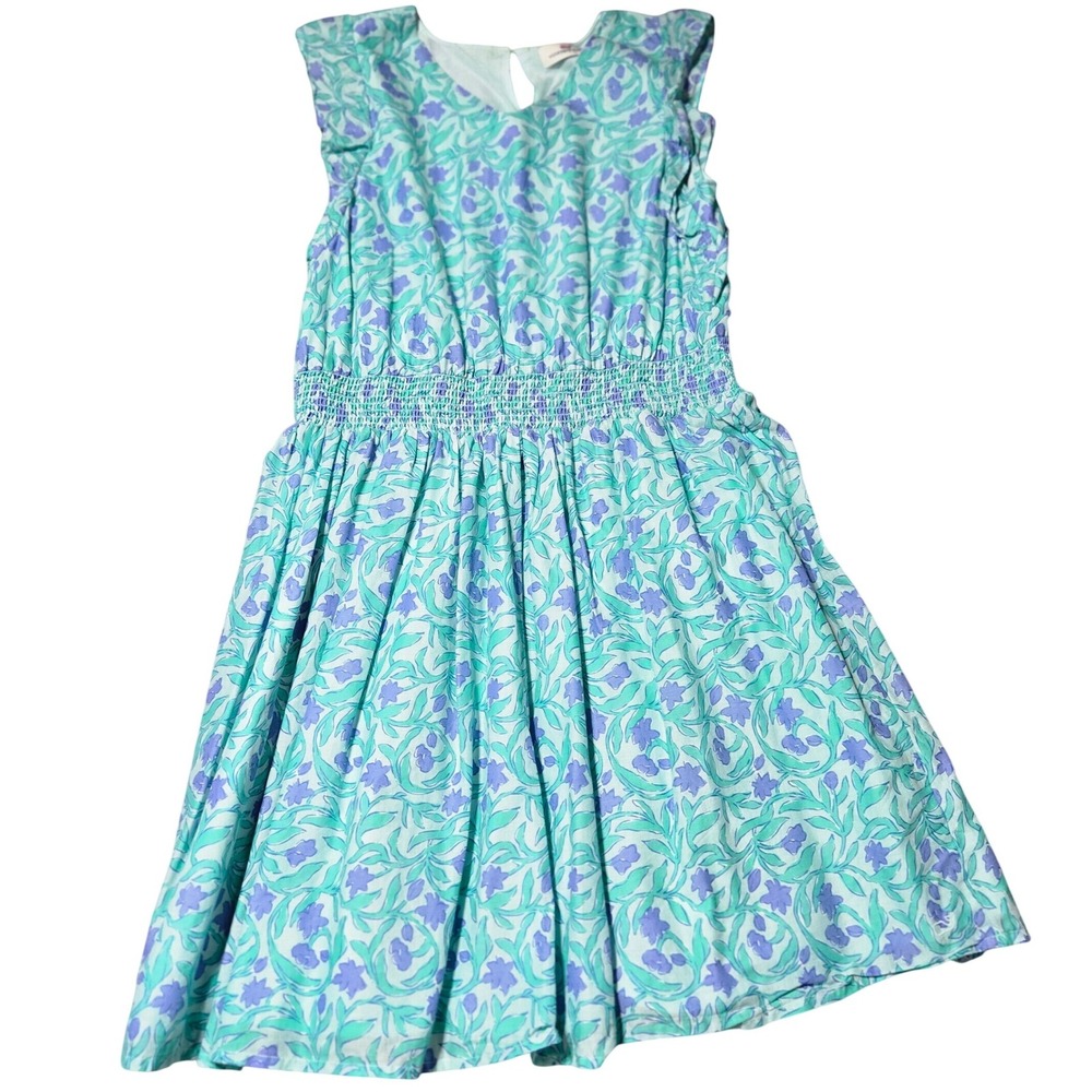 Vineyard Vines Girls XL Flutter Sleeve Smocked Waist Floral Cotton Dress Blue